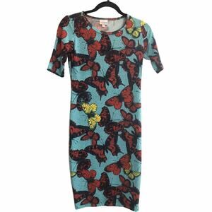 LuLaRoe Womens XXS Julia Dress Butterfly Turquoise Orange Bodycon Unicorn #3543